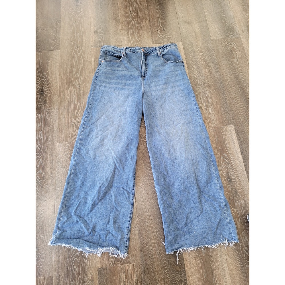 Risen Wide‎ Leg Jeans Distressed Hem High Waist Denim Blue 3XL #20